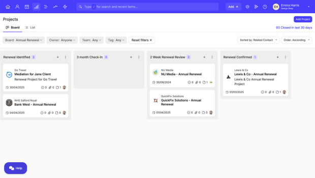 a screenshot of Capsule CRM shows the Projects area where you can easily manage and oversee client work and other processes