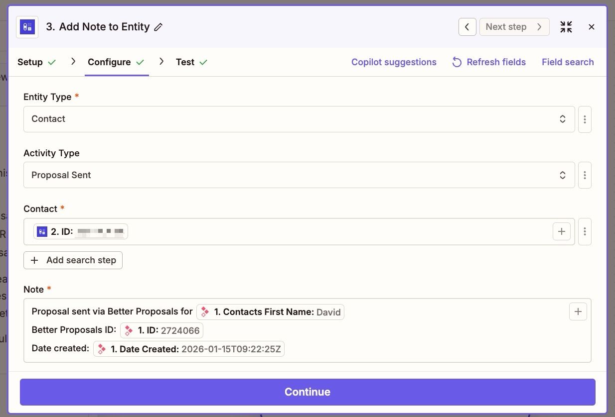 mappage des champs Zapier pour ajouter une note