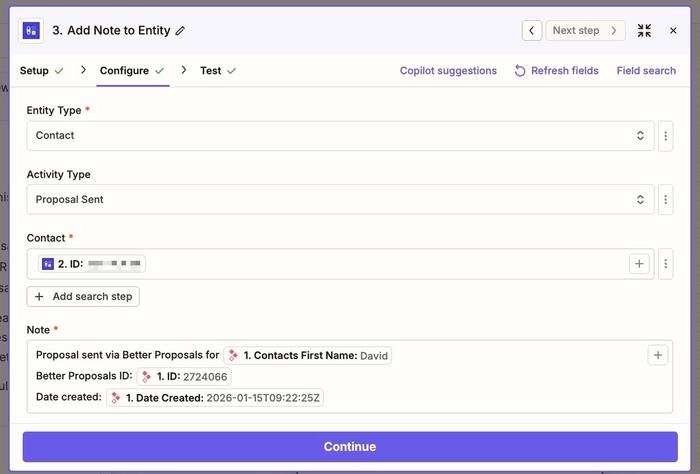 mappage des champs Zapier pour ajouter une note