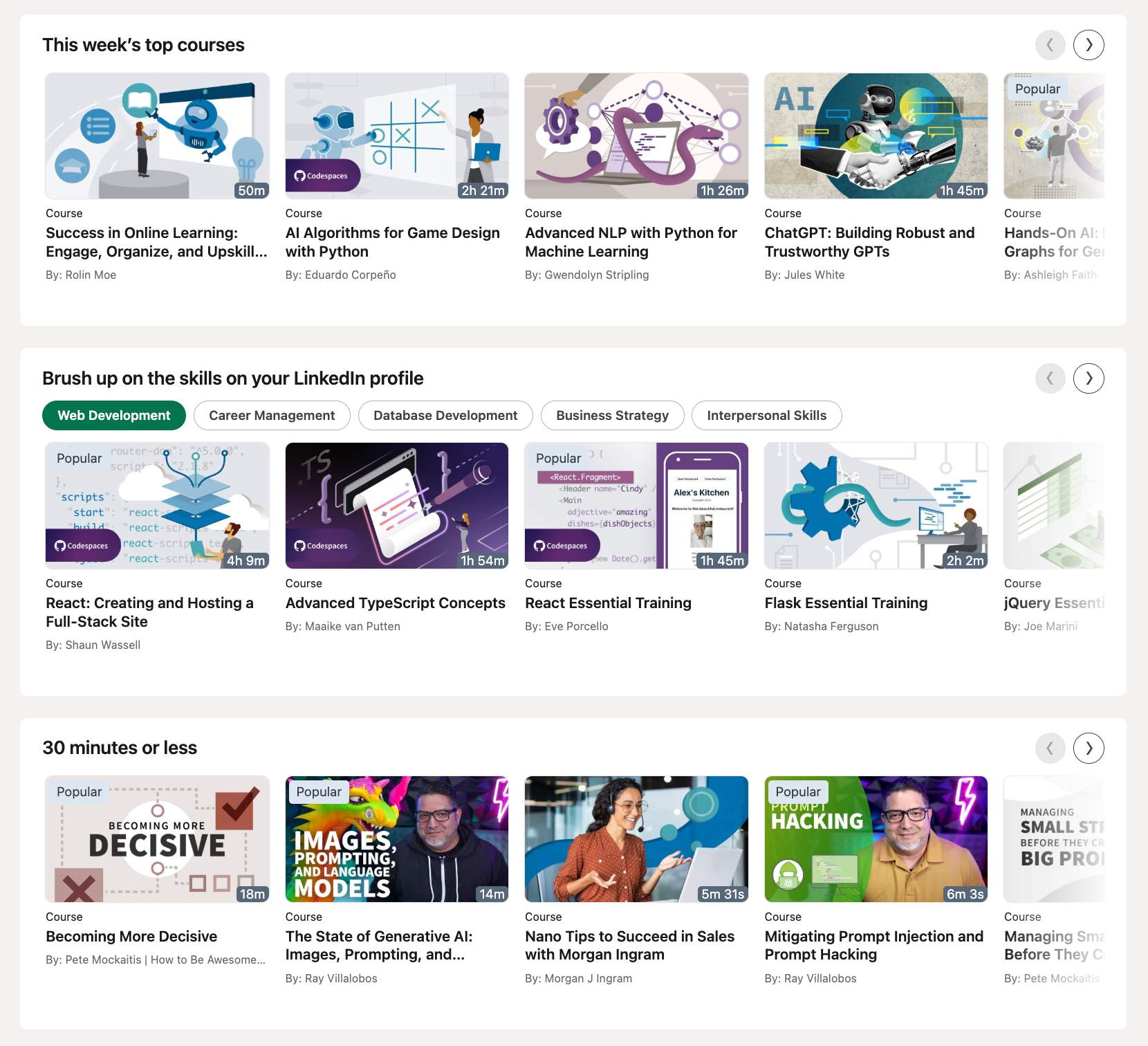a screenshot of this week 's top courses on linkedin