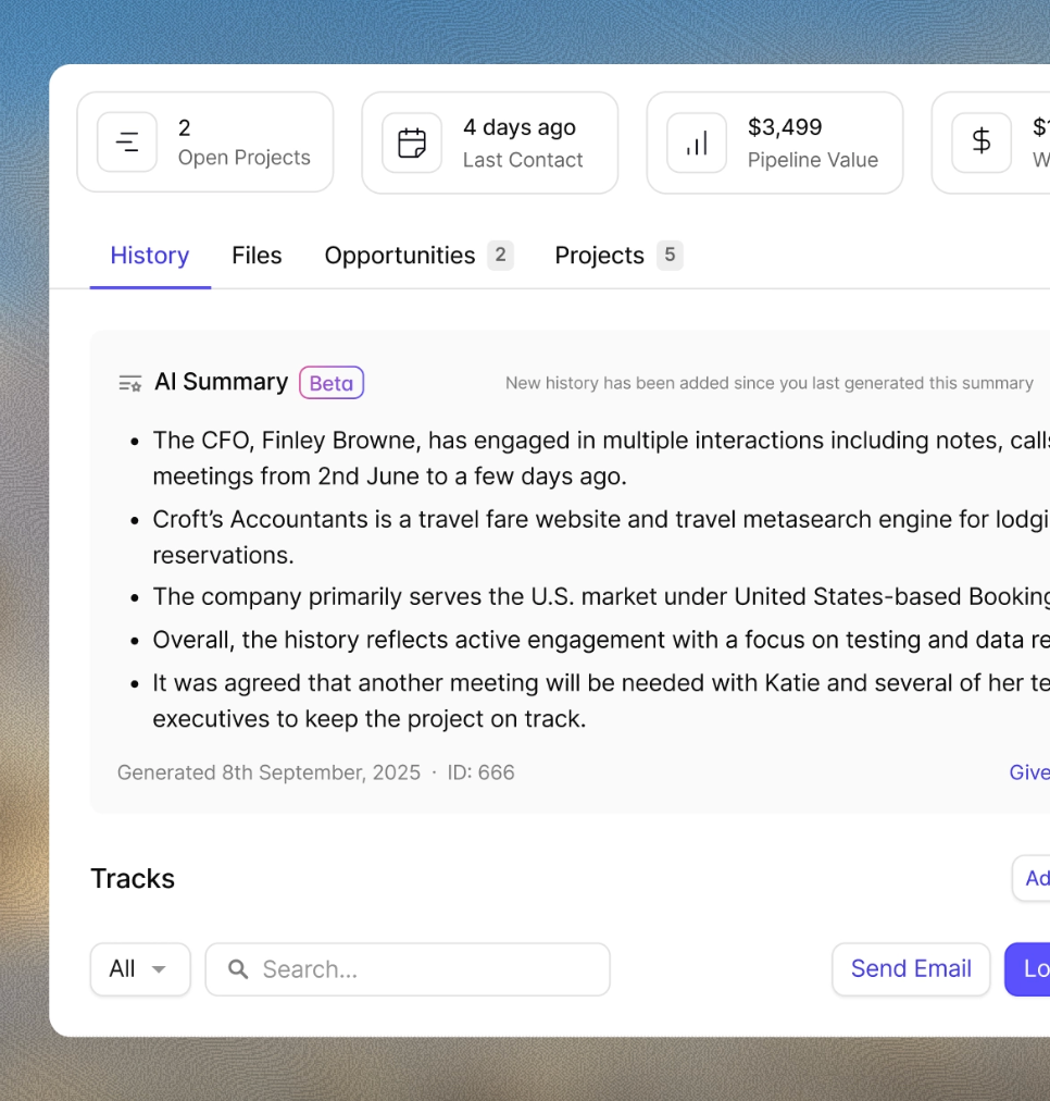 CRM dashboard displaying an AI summary of customer interaction history and project status.