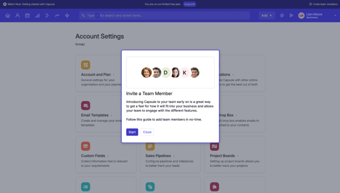 a screenshot of Capsule settings with a pop-up prompting you to invite your team to capsule
