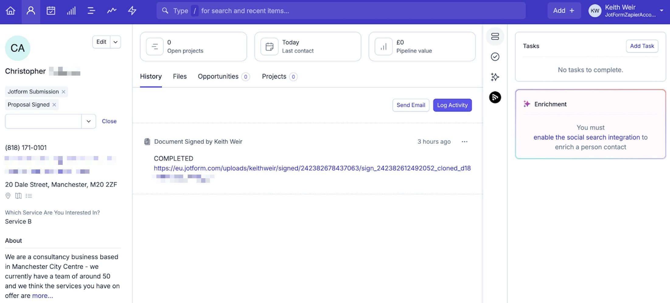 mostrando la asignación de Zapier para agregar una nota al contacto de Capsule 