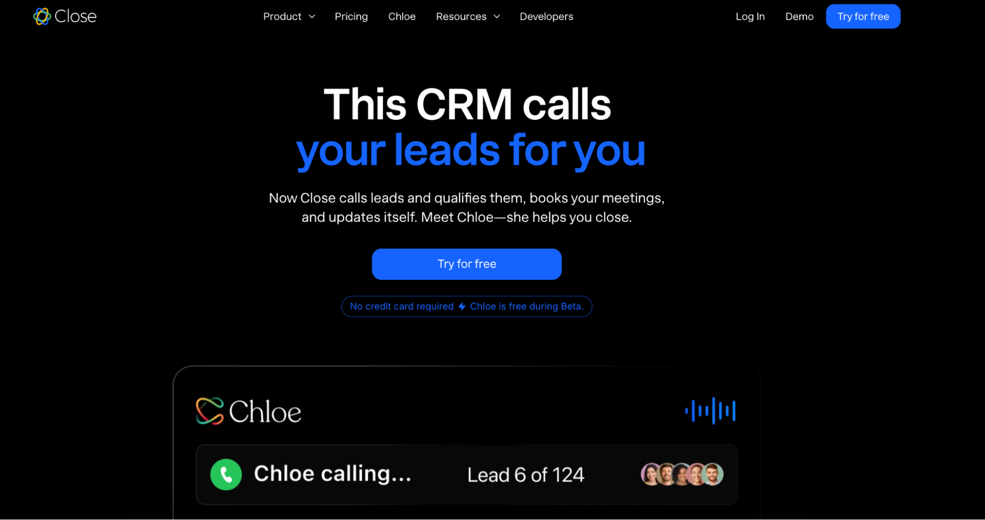 Dark webpage for Close CRM, with headline "This CRM calls your leads for you" and a "Chloe calling..." interface.