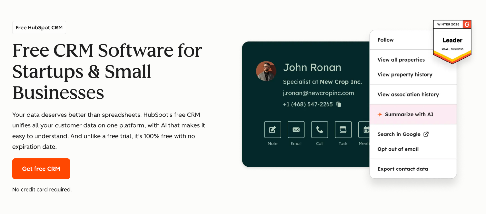 HubSpot CRM page promoting free software for businesses, featuring a contact card with an AI summary option highlighted in a menu, and a 'Leader' badge.