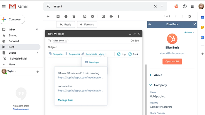 Screenshot shows the HubSpot integration sidebar viewed from Gmail