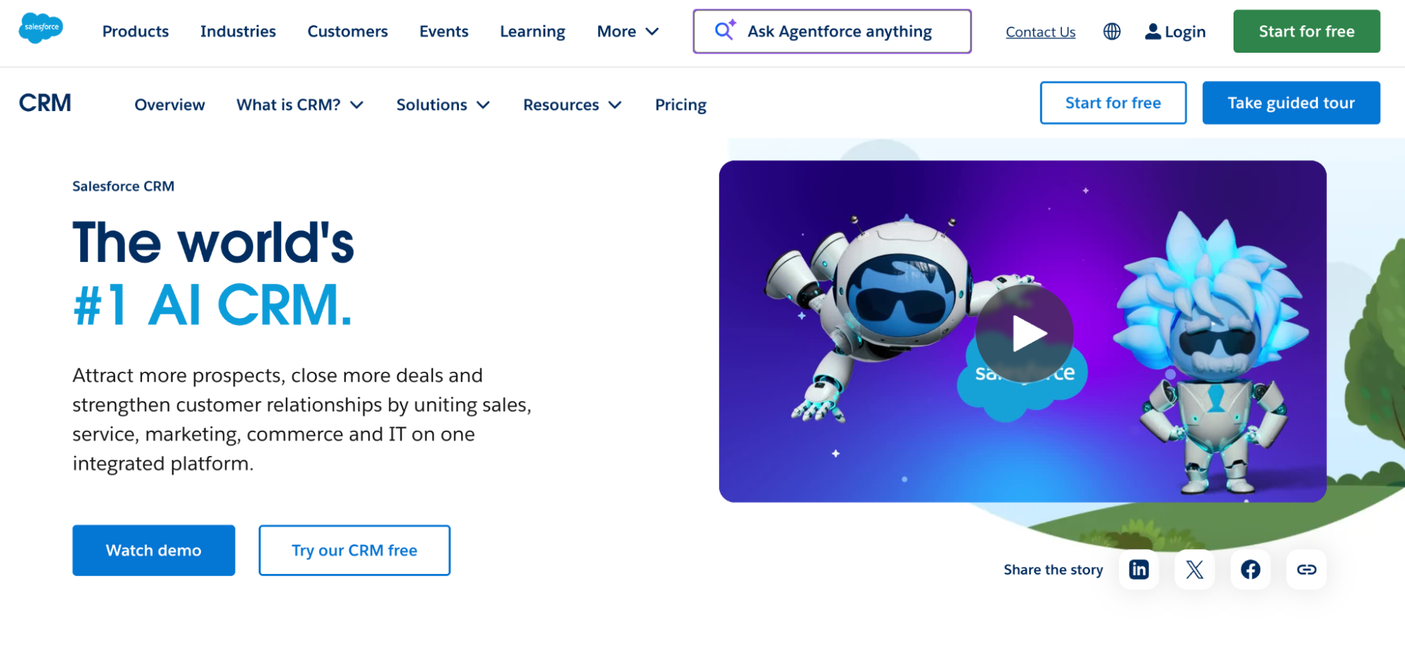 Salesforce CRM homepage featuring "The world's #1 AI CRM" and a video with animated robots.