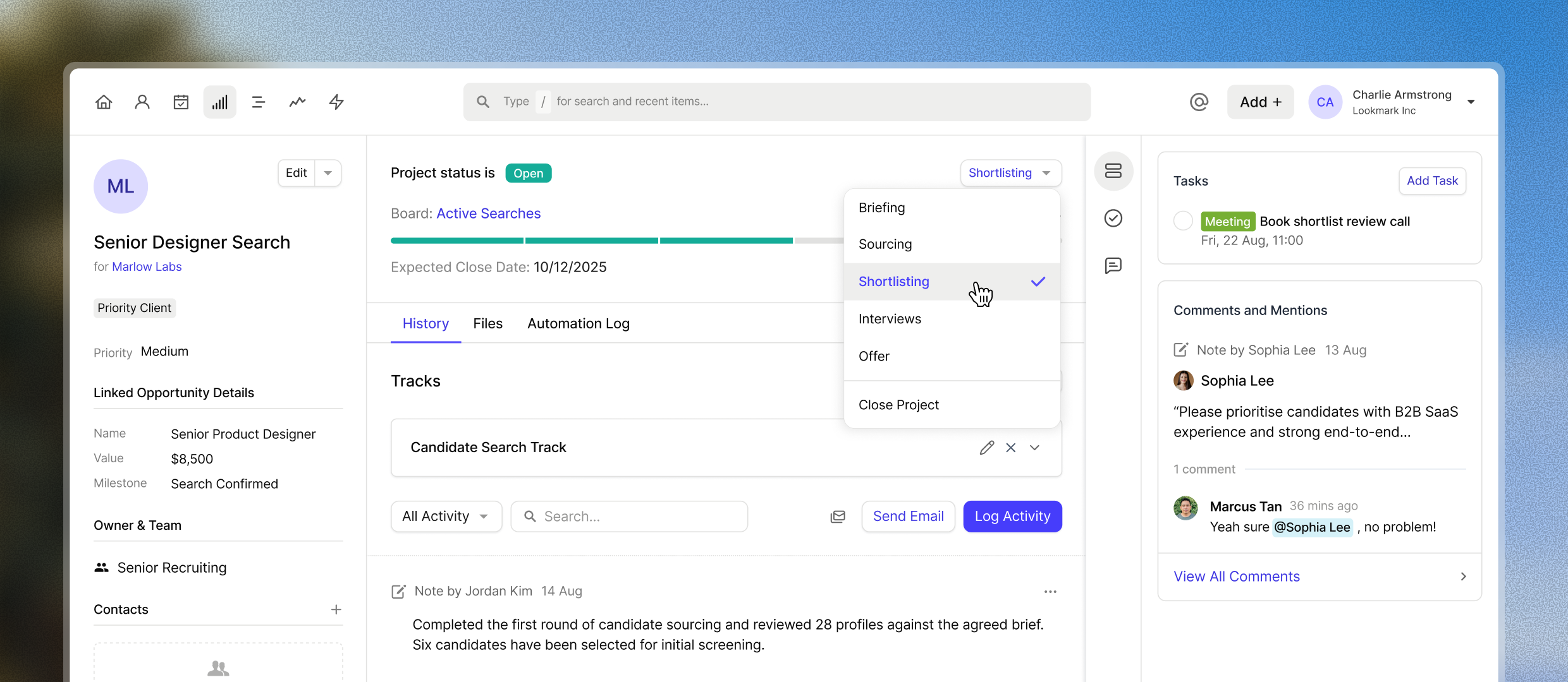 A Capsule CRM sales pipeline for tracking client business and candidate progress in one place.