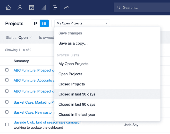 Project list view with the drop down menu displayed, with options for closed Projects in the last 30 days / 90days / year