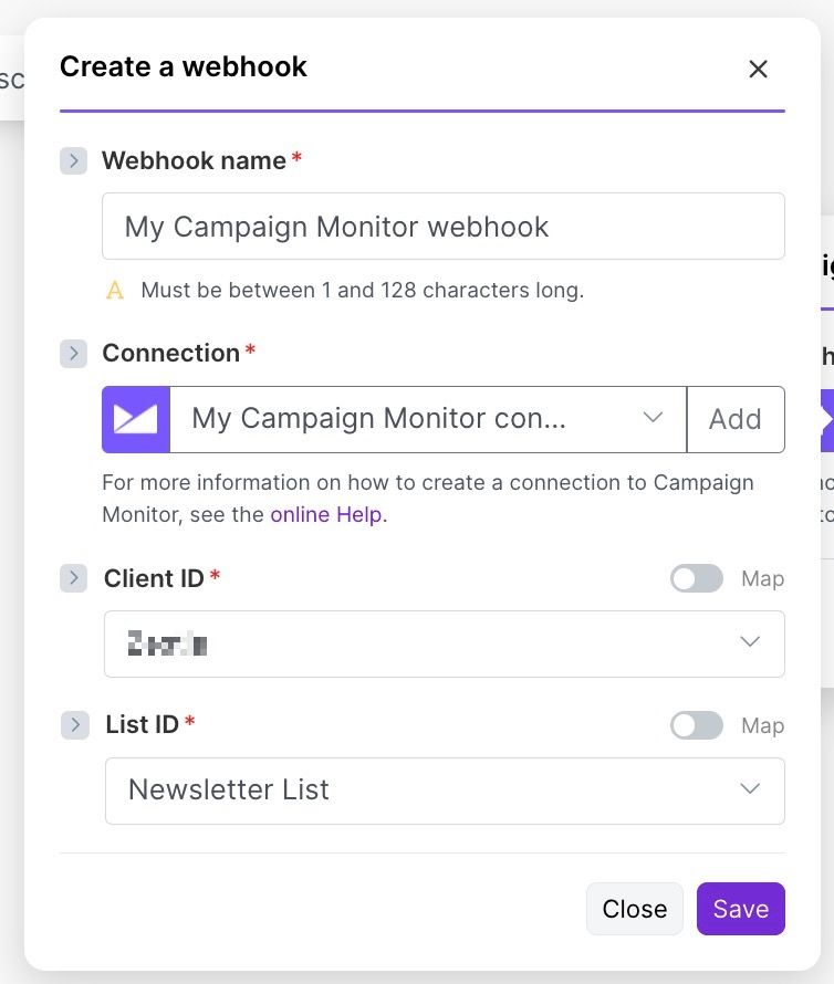client id and list id populated for campaign monitor connection via make