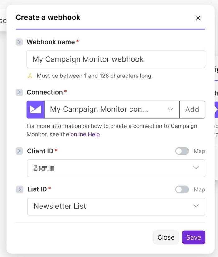 client id and list id populated for campaign monitor connection via make