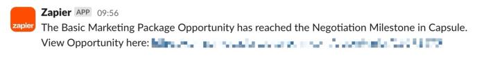 showing test message sent in slack via zapier