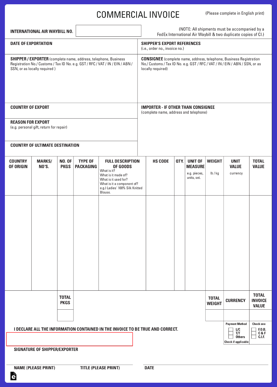 A commercial invoice example.