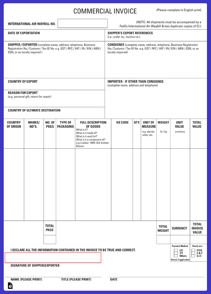 A commercial invoice example.