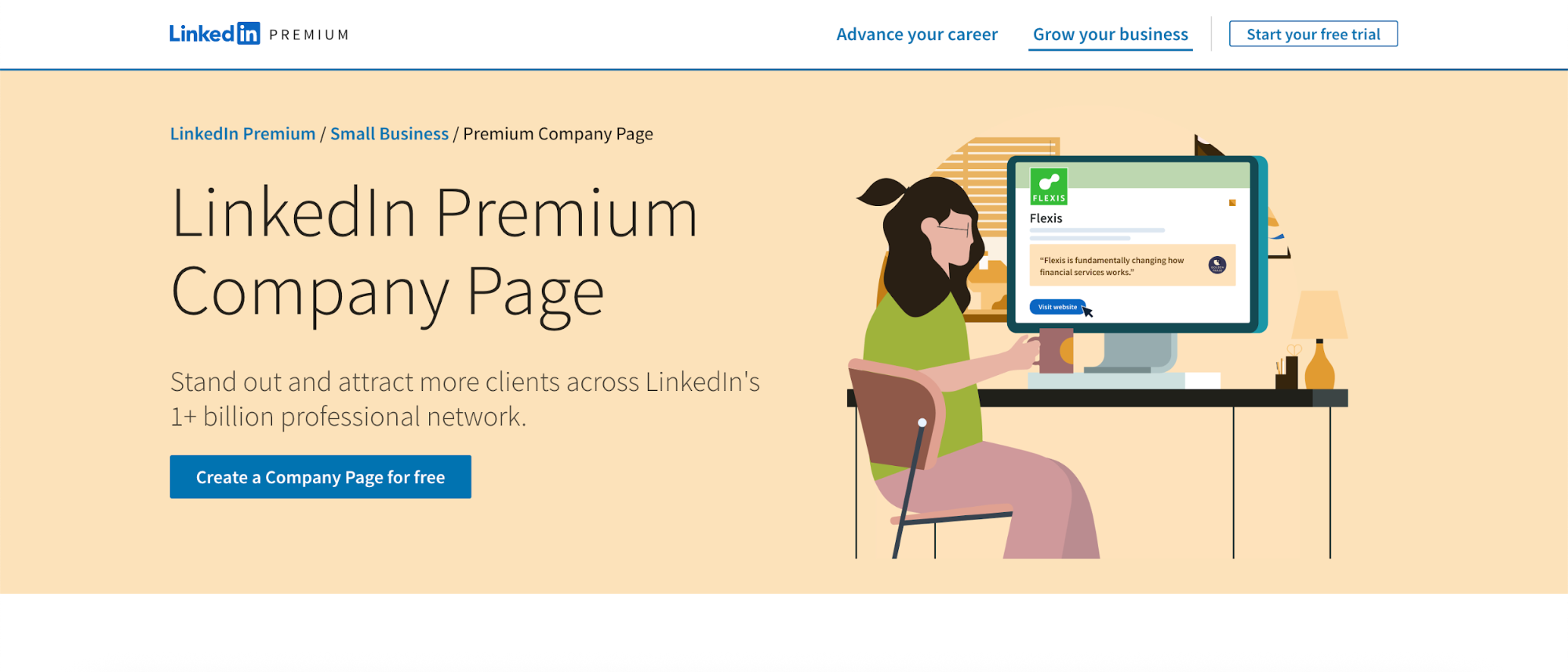 LinkedIn Premium Company Page with company page signup offer.