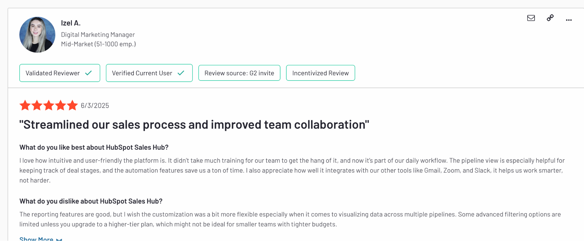 User review by Izel A. praising HubSpot Sales Hub for its intuitive UI and strong integration with Gmail, Zoom, and Slack. Notes reporting limitations for smaller teams.