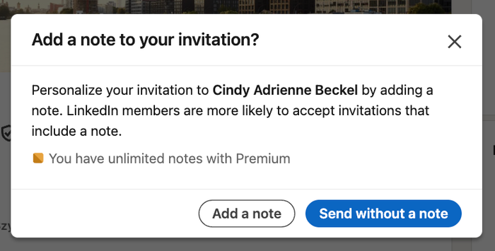 an add a note to your invitation screen with a blue send without a note button