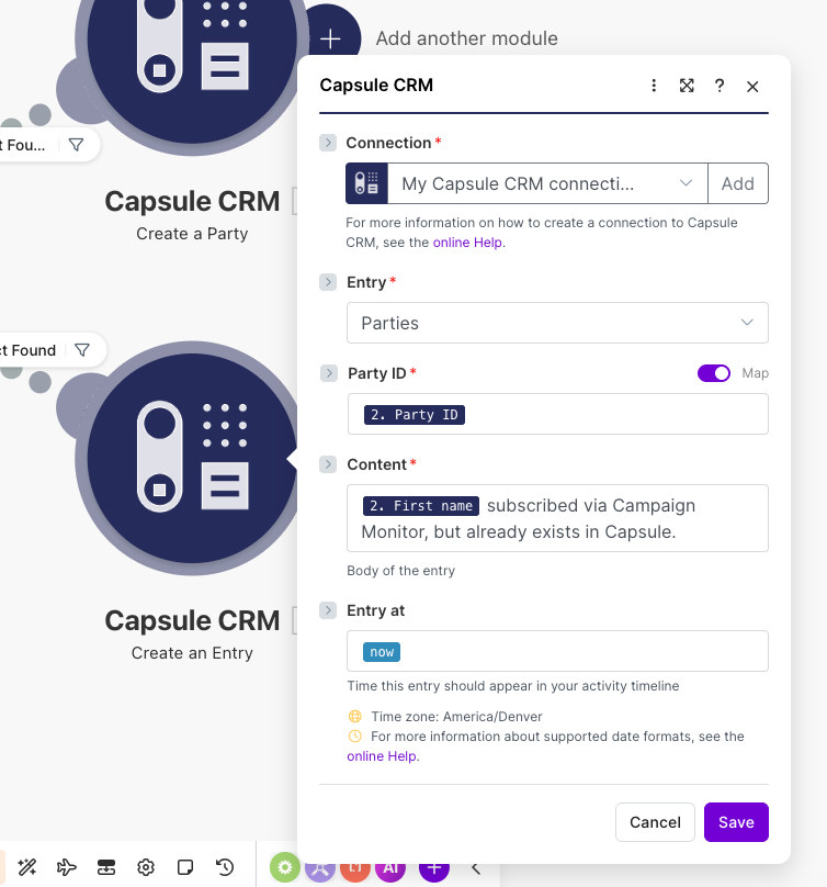 fields populated for adding a note to existing capsule contact