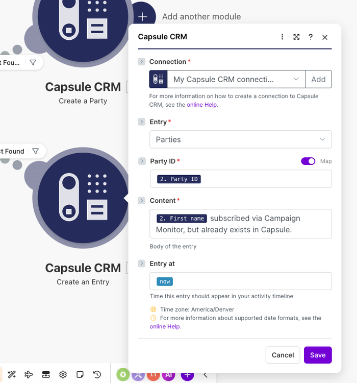 fields populated for adding a note to existing capsule contact