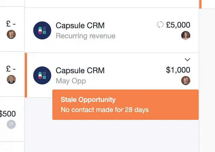 a screenshot of capsule crm showing a stale opportunity