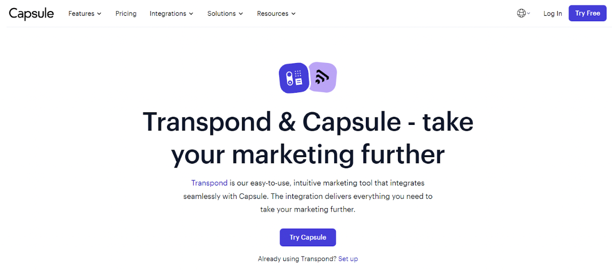 a screenshot of the capsule website that says transpond & capsule take your marketing further