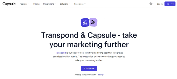 a screenshot of the capsule website that says transpond & capsule take your marketing further