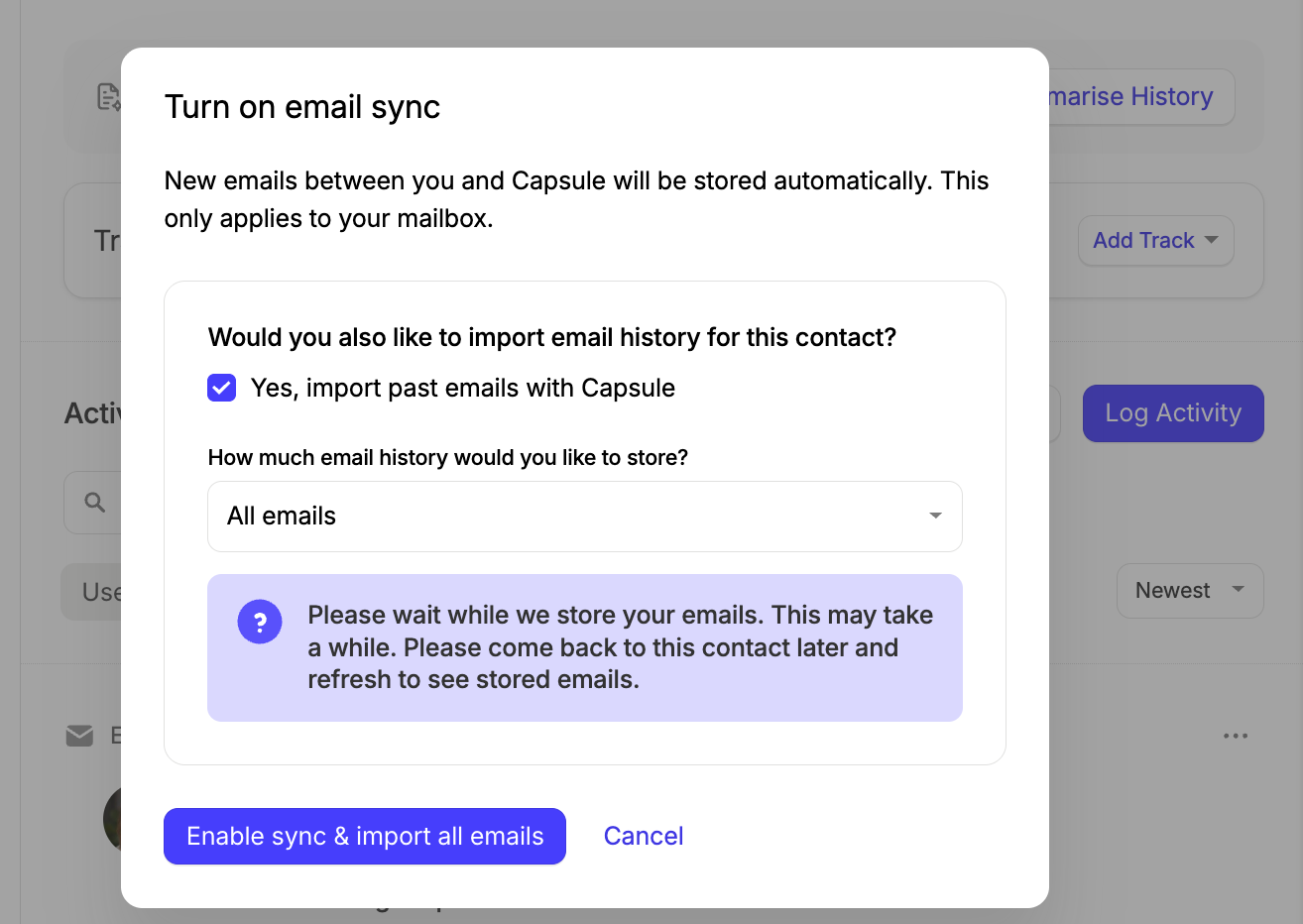 enabling historic emails to store on a contact through email sync
