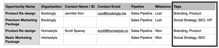 Showing spreadsheet with Tags in a single column