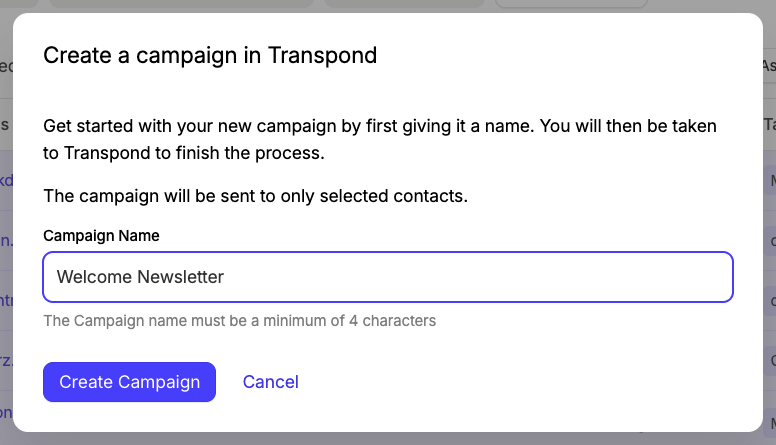 Fenêtre modale pour nommer une campagne Transpond une fois les contacts sélectionnés