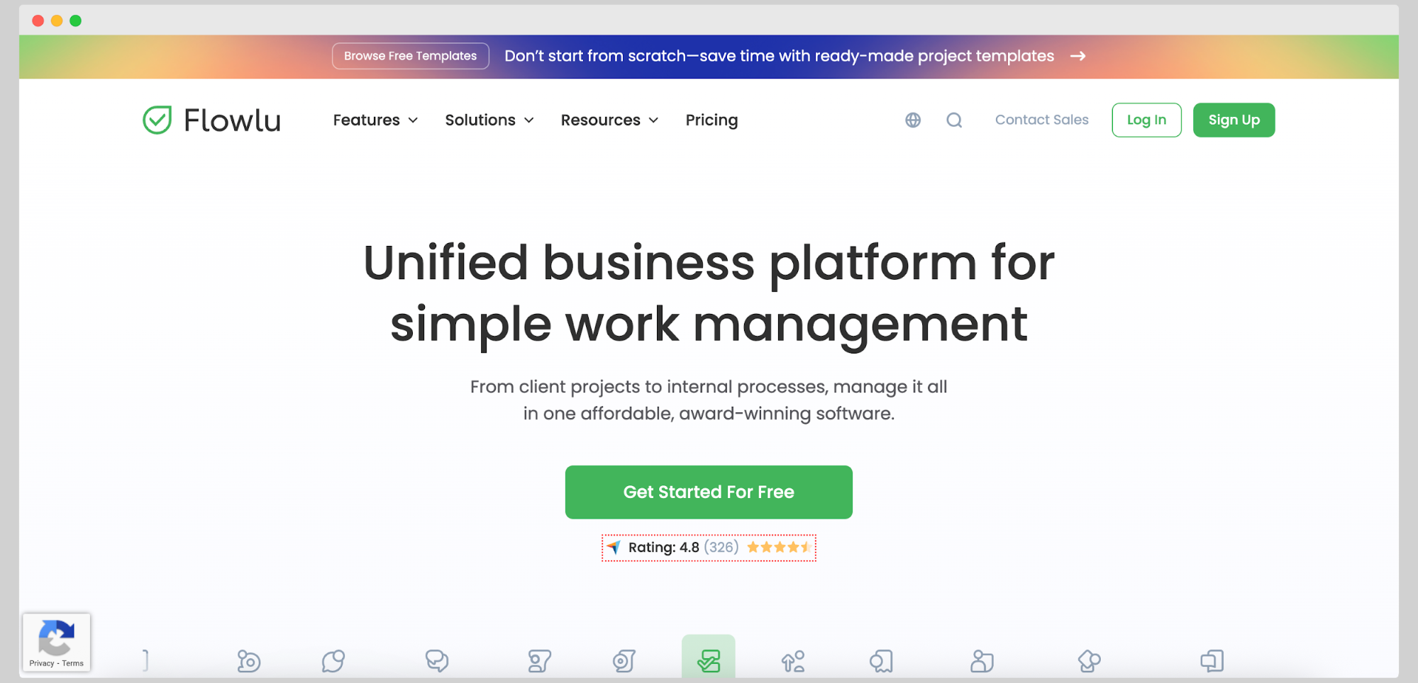 Flowlu landing page promoting its all-in-one business management platform with a green “Get Started For Free” button and a 4.8-star rating.