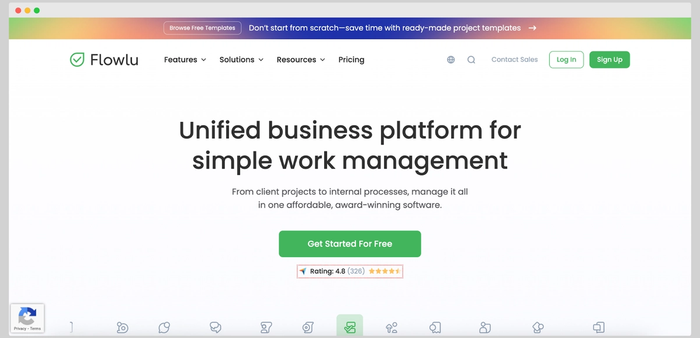Flowlu landing page promoting its all-in-one business management platform with a green “Get Started For Free” button and a 4.8-star rating.