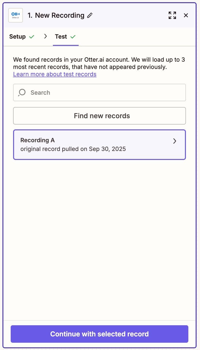 selected test recording in zapier from otter.ai