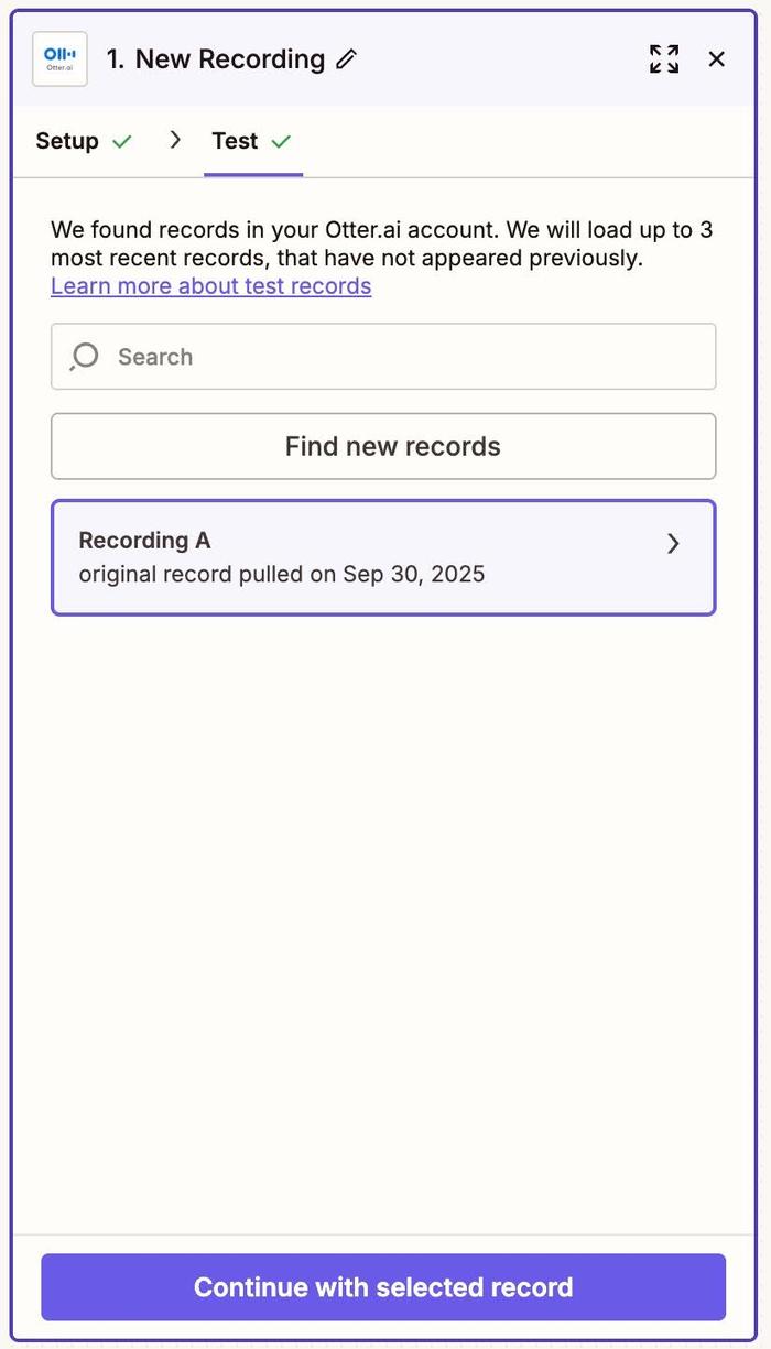 selected test recording in zapier from otter.ai