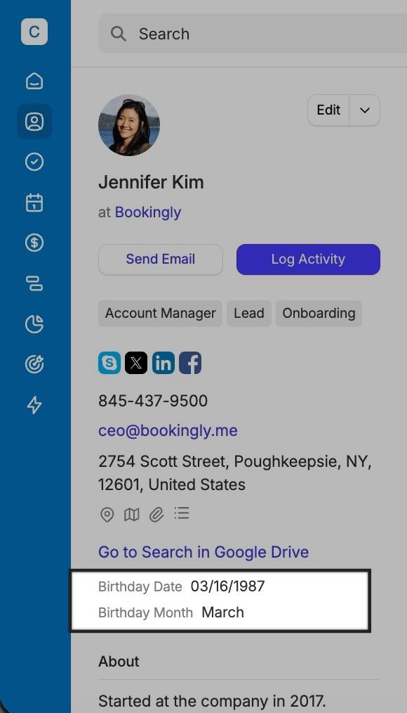 A contact's details with birthday date and birthday month written at the bottom