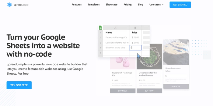a screenshot of a website that says turn your google sheets into a website with no code