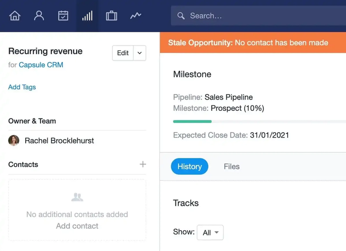 Screenshot of a sales opportunity with a stale flag in Capsule