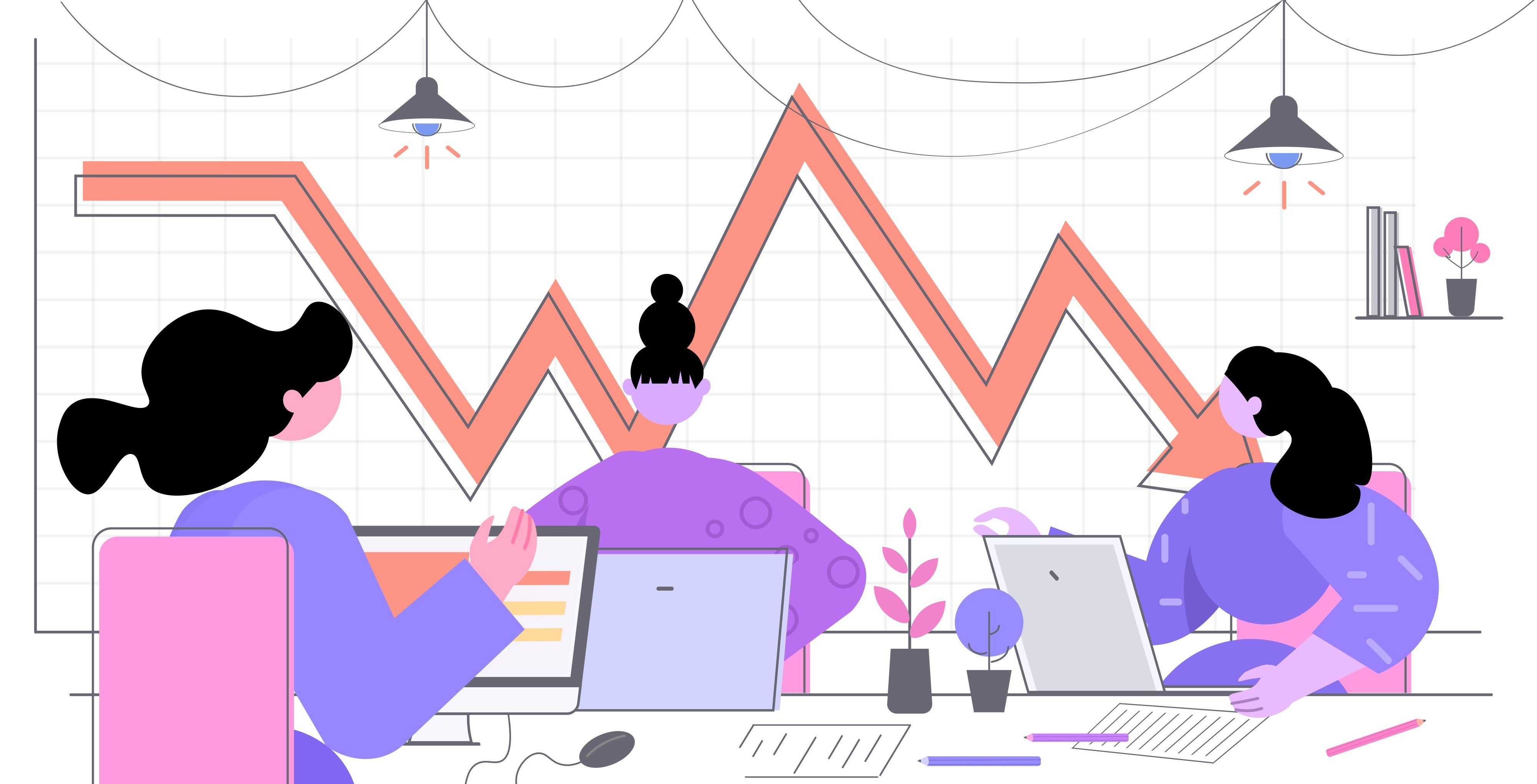 Illustration shows a marketing team analysing performance and working on their marketing plan