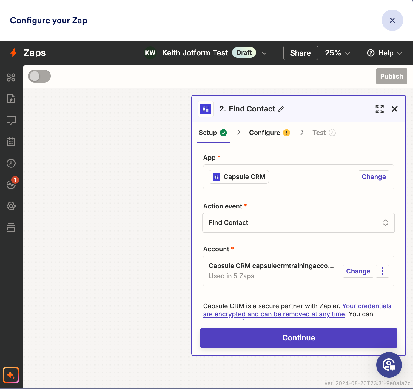 showing the action in zapier set to find contact