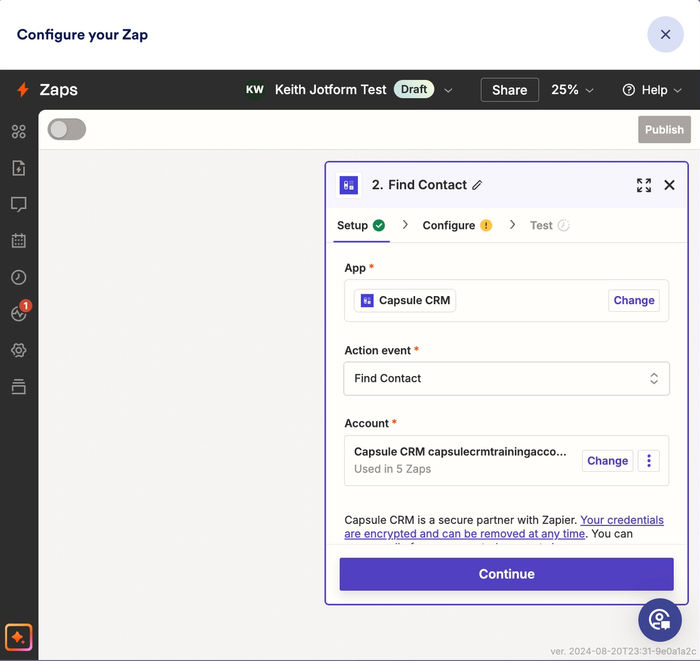 showing the action in zapier set to find contact