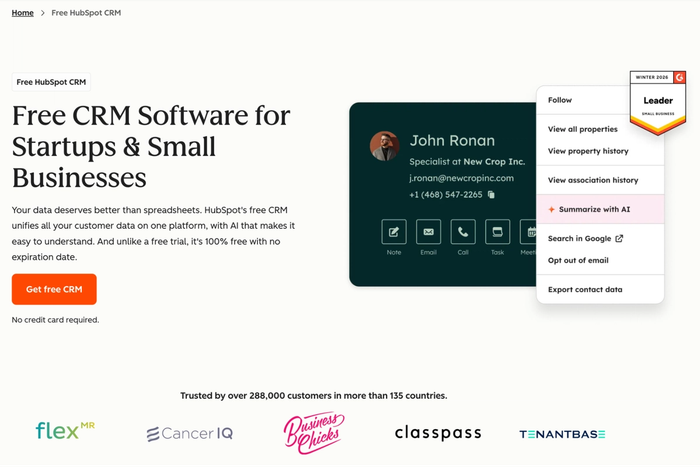 HubSpot webpage for free CRM showing a contact card with a menu highlighting "Summarize with AI" and a "Winter 2020 Leader" badge.