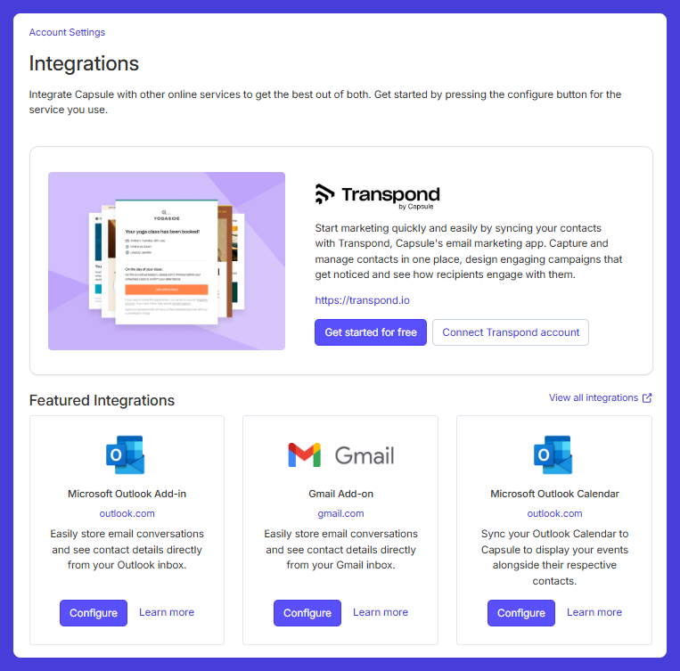 Capsule CRM integrations page showing options to connect with Transpond, Outlook, Gmail, and Calendar, with buttons to configure or learn more.