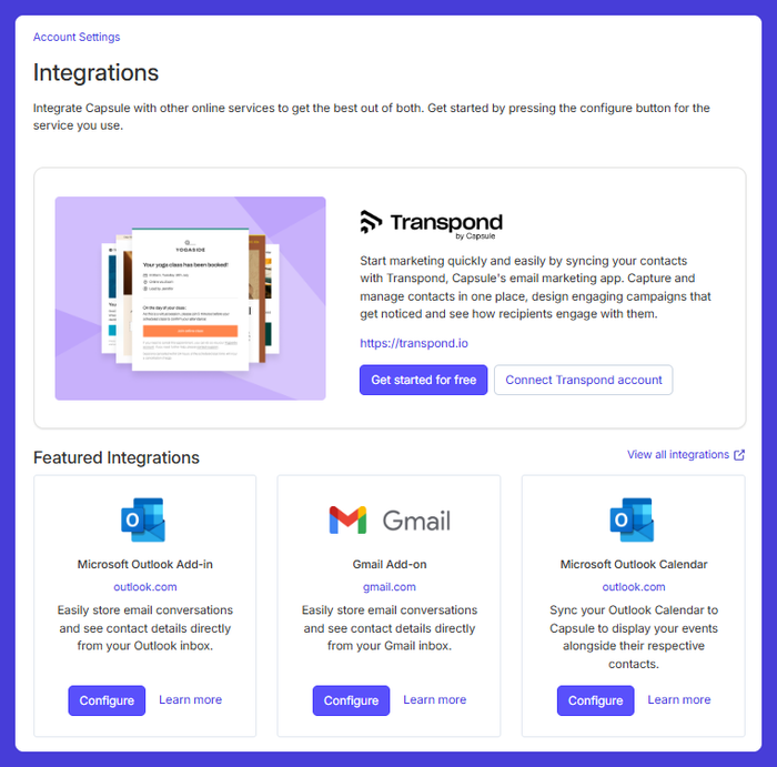 Capsule CRM integrations page showing options to connect with Transpond, Outlook, Gmail, and Calendar, with buttons to configure or learn more.
