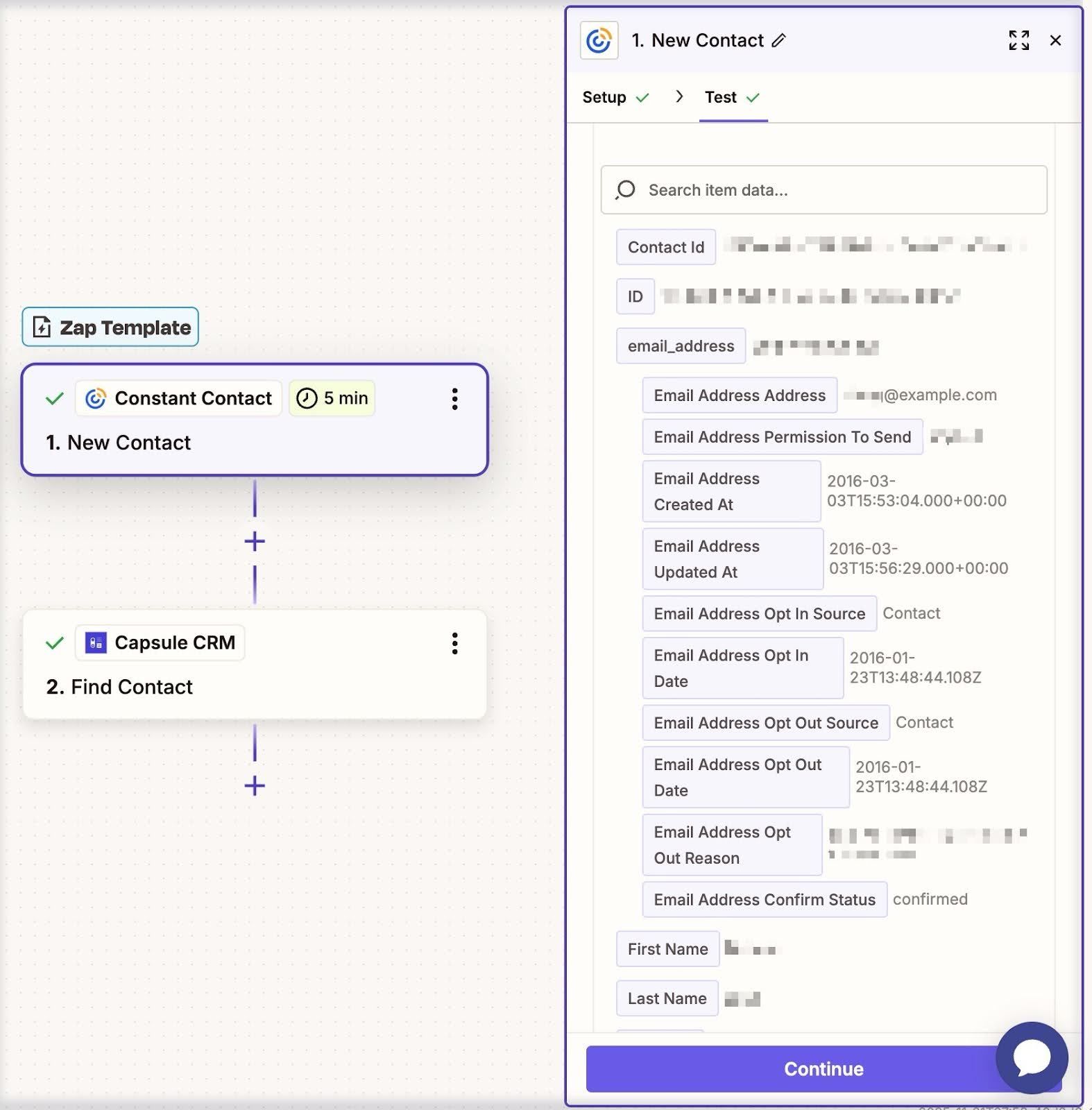 zapier test data from constant contact