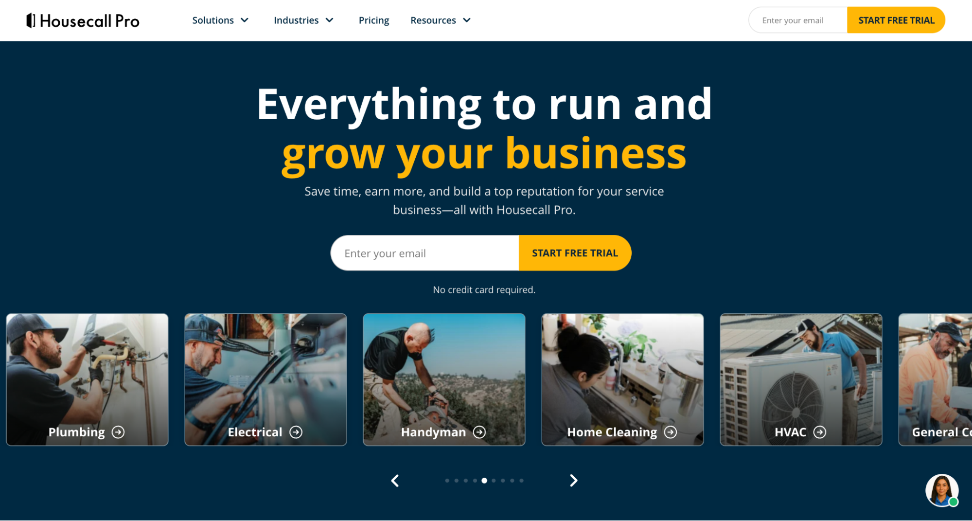 Housecall Pro website homepage with a headline "Everything to run and grow your business," an email signup, and images of service professionals (plumbing, electrical, HVAC).