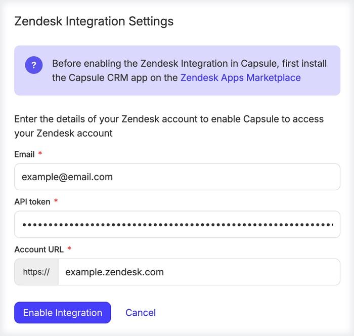 Capture d'écran montrant les champs requis pour activer l'intégration Zendesk dans Capsule