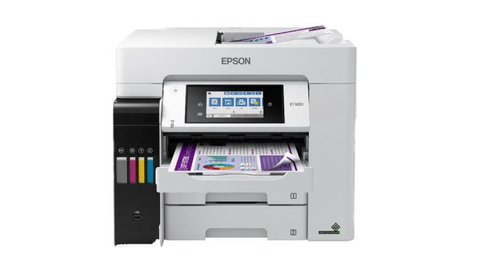 an epson printer is sitting on top of a white table .