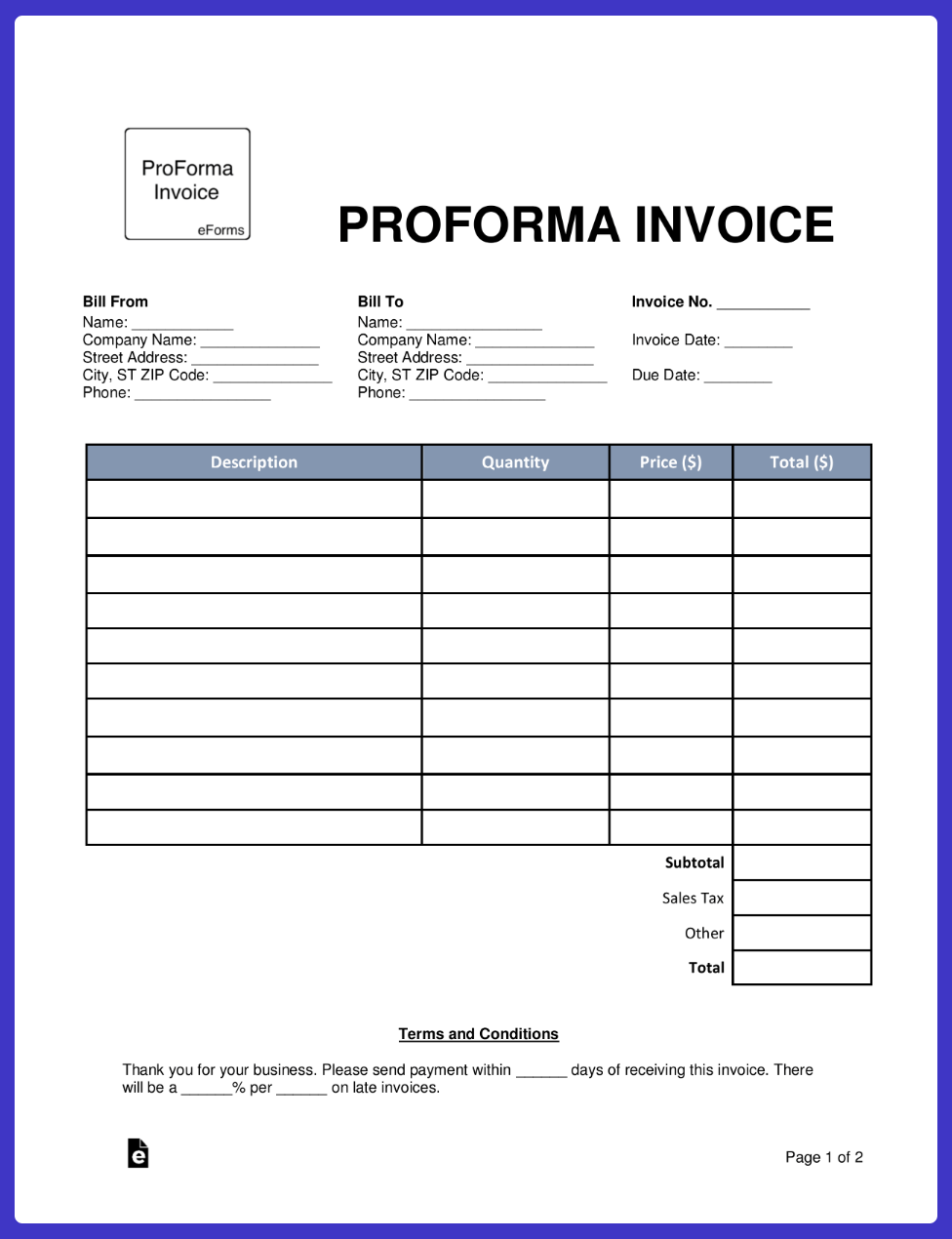 A proforma invoice template shown on a blue background.