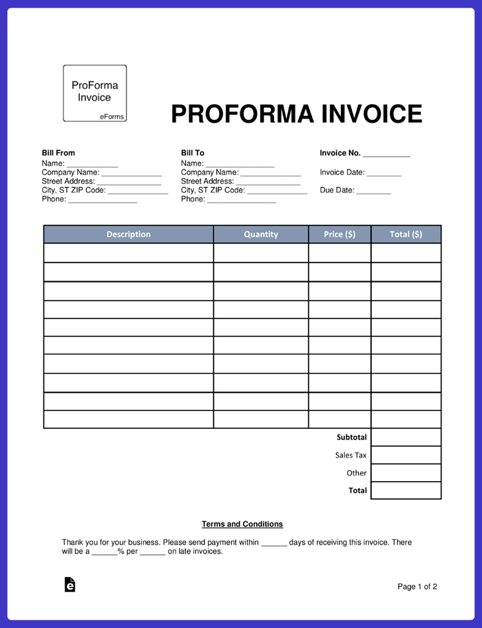 A proforma invoice template shown on a blue background.