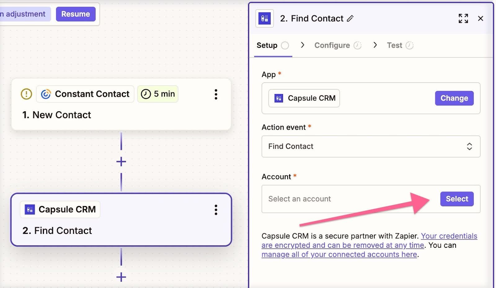 select button highlighter to link zapier to capsule account