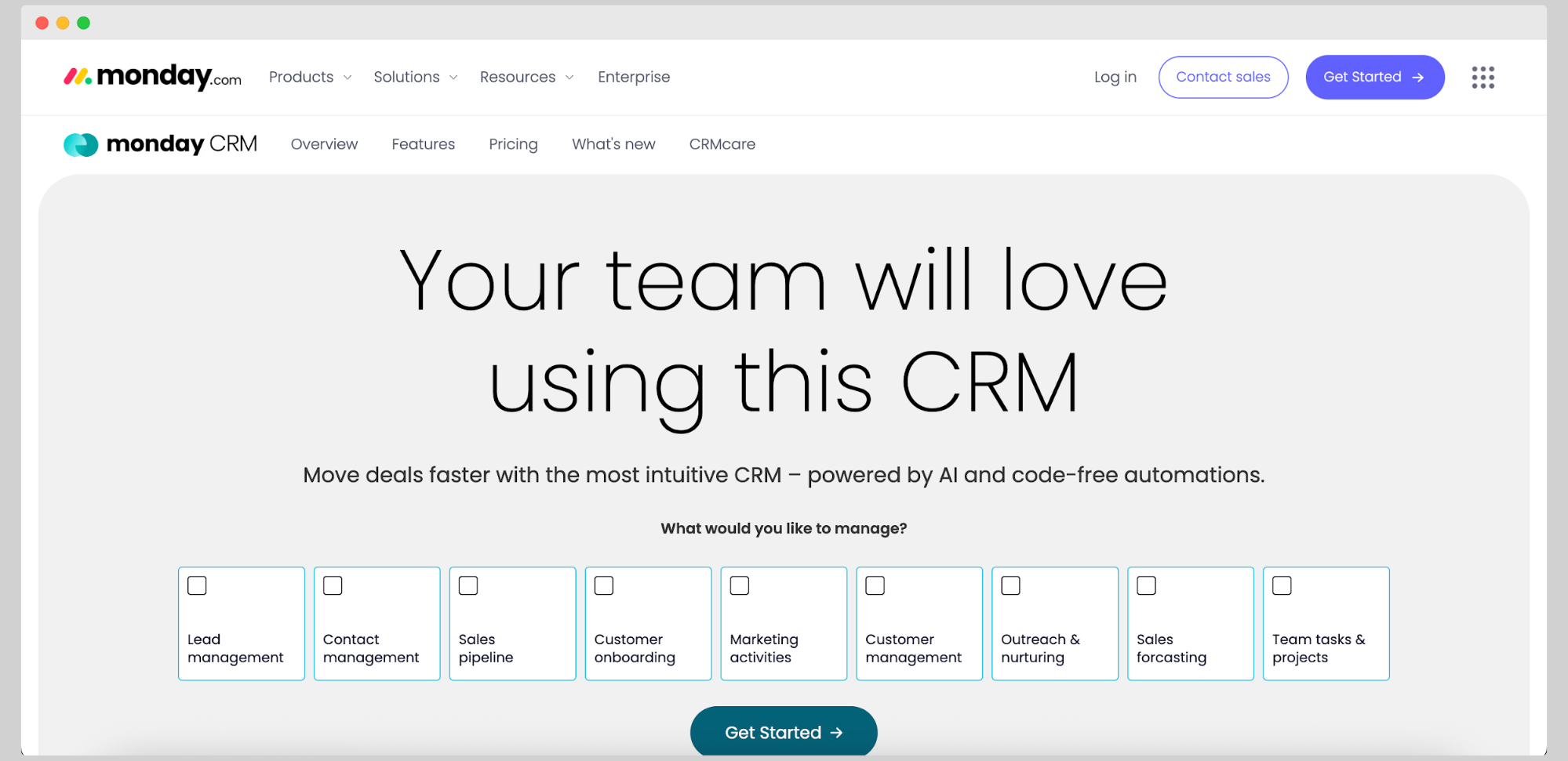 Página de inicio de Monday CRM promocionando un CRM intuitivo y potenciado por IA con automatización sin código, permitiendo a los usuarios gestionar prospectos, contactos, embudos de ventas, incorporación y más.